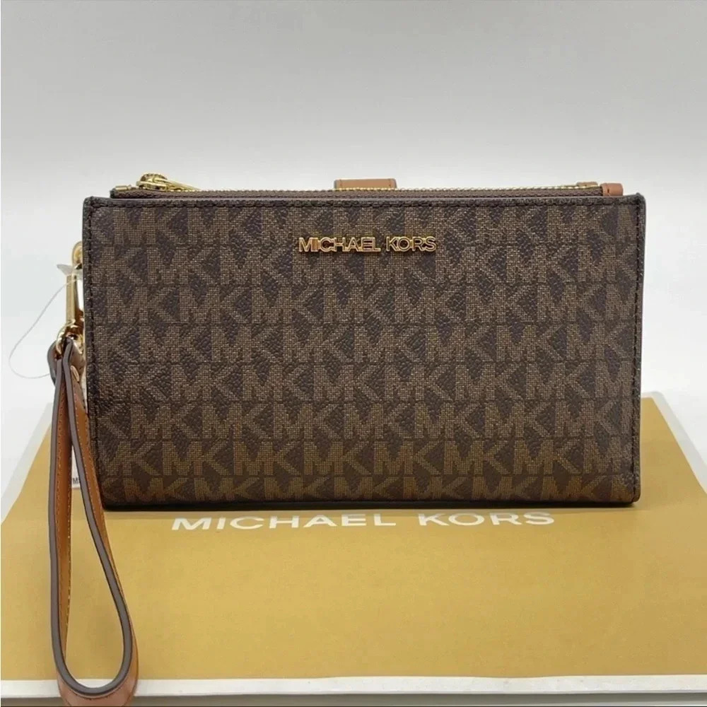 Michael Kors Large Double Zip Wallet Wristlet Leather Rich Brown